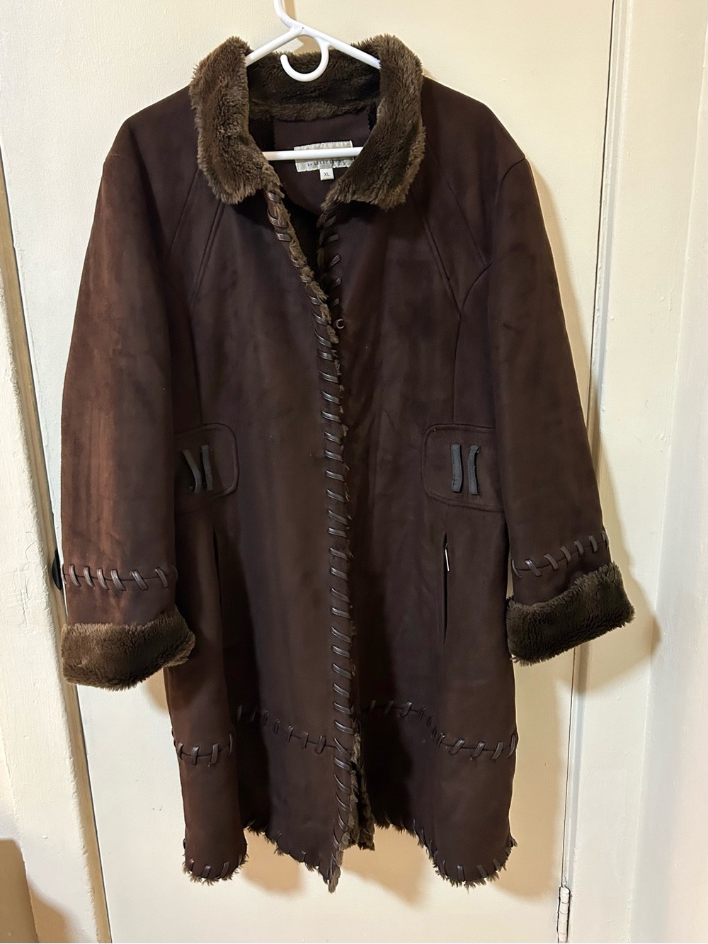 Chocolate Brown Faux Suede & Shearling Trim Coat Womens XL Longline Jacket